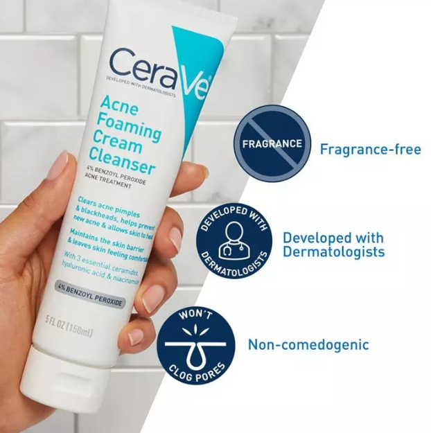CeraVe Acne Foaming Cream Cleanser 150ml with 4% Benzoyl Peroxide – Best Acne Treatment - Image 2