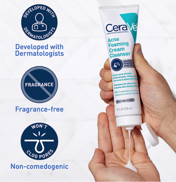 CeraVe Acne Foaming Cream Cleanser 150ml with 4% Benzoyl Peroxide – Best Acne Treatment - Image 3